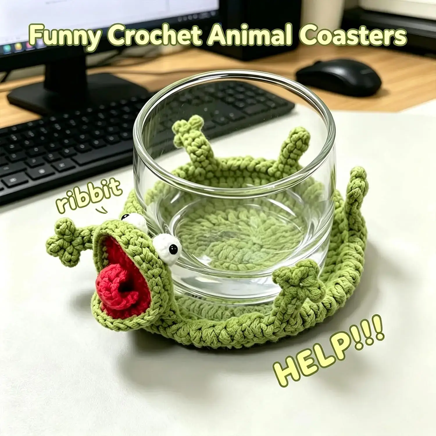 Crochet Animal Coaster - Funny 3D Yarn Mug Rug with Raised Animal Design, Cute Drink Coaster for Coffee Cups, Office Desk, Kitchen Table & Home Decor, Novelty Gift for Animal Lovers