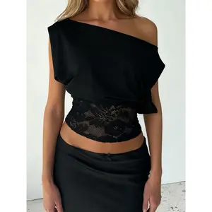 Women's elegant and chic lace patch asymmetrical sleeveless top, slim fit plain color design, perfect choice for casual fashion, asymmetricalRAIMENTRY