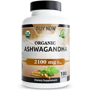Organic Ashwagandha 2100mg Capsules | Full Spectrum Root Powder & Standardized Extract with Black Pepper | Vegan Non-GMO Formula | 100 Capsules