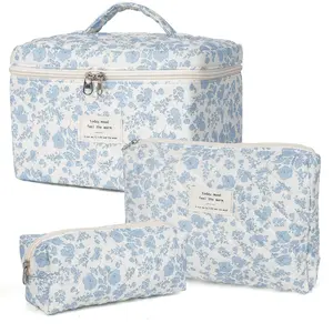 Floral Pattern Makeup Bag Set, 3 Counts/set Large Capacity Cosmetic Storage Bag, Portable Travel Toiletry Bag, Zipper Makeup Organizer Pouch