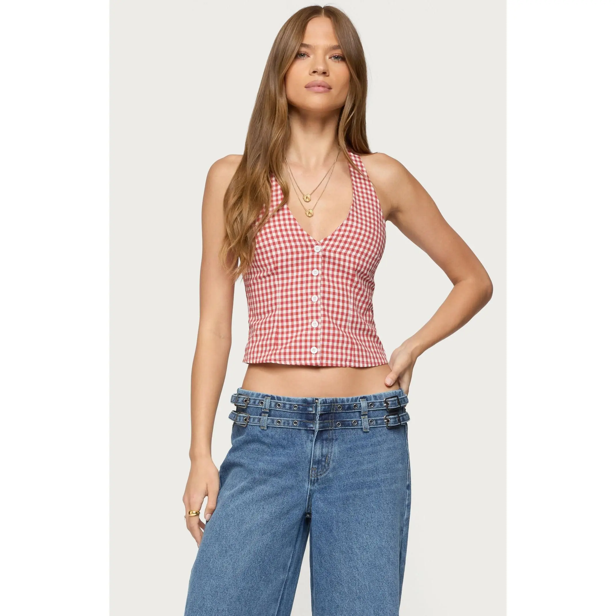 Edikted Women's Evan Gingham Button Up Halter Top