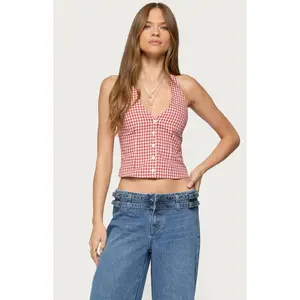 Edikted Women's Evan Gingham Button Up Halter Top