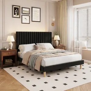SA-Garvee Queen Bed Frame, Velvet Vertical Channel Tufted Headboard, Adjustable Height, Upholstered Platform Bed Frame, Wooden Slats Support, Non-Slip and Noise-Free, No Box Spring Needed, Black