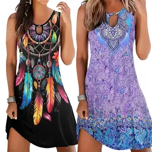 Boho Womens Summer Dress, Plus Size Sleeveless Feather Dreamcatcher Print Casual Tunic Dress for Daily & Beach