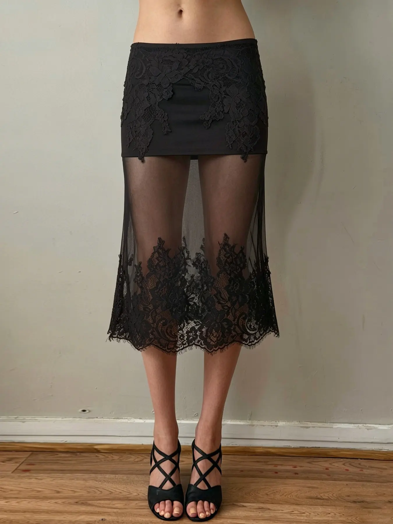 Vintage Lace Sheer Midi Bodycon Skirt, High Waist Mesh Chic Elegant Sexy Women's Summer Dress, All-Season Fashionable Bottoms