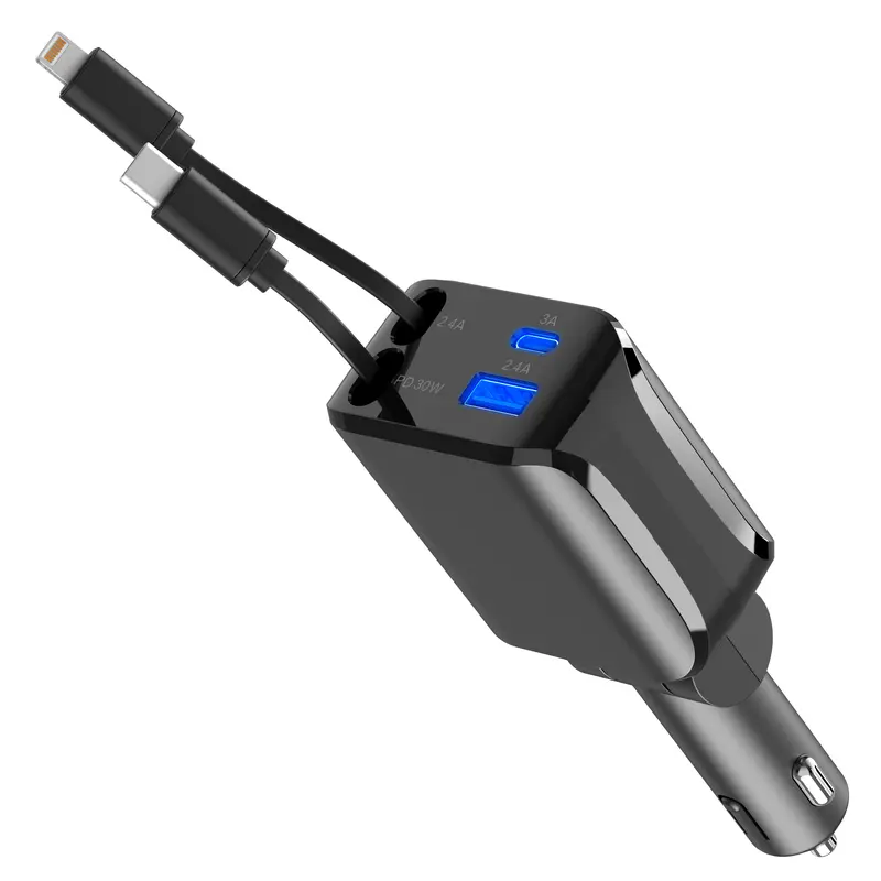 Retractable Car Charger 4 in 1 Fast Phone Charging USB-C & USB-A with 2 Cables Retractable Car Charger 4 in 1 Fast Phone Charging USB-C & USB-A with 2 Cables