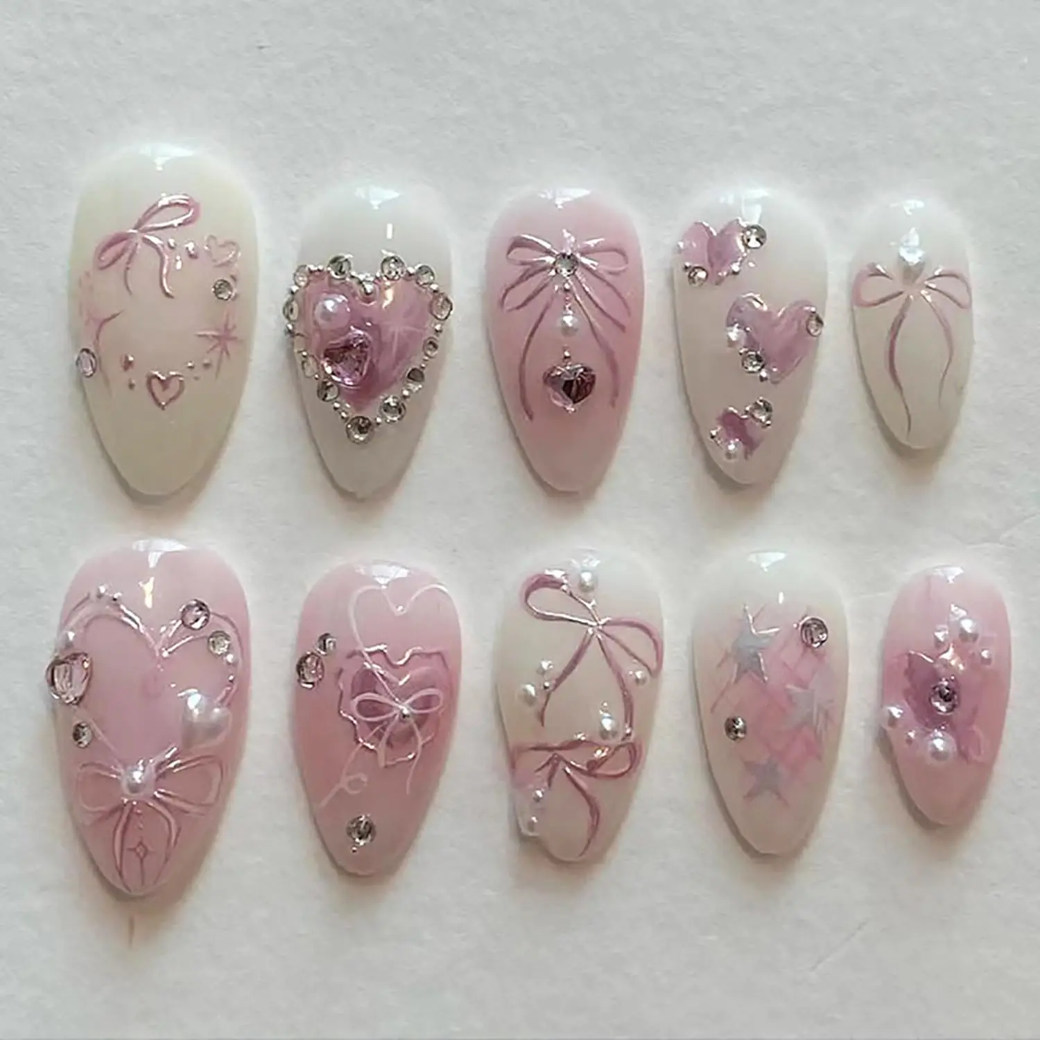 Pink Press on Nails Short Almond Fake Nails with 3D Heart Pearl, Rhinestones, Glitter Star, Flower Charms & Cute Bow Design – Full Cover Stick On Nails Glue On False Nails for Women & Girls 24Pcs