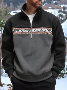 Men's half-zipper stand-up collar printed long-sleeved sweatshirt. This color-blocking polar fleece retro ethnic style thickened pullover is suitable for casual wear in autumn and winter. Casual Fashion Sweatshirt. Outdoor hiking. Street style