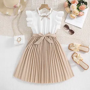 Young Girl Two Tone Bow Front Ruffle Trim Pleated Hem Dress,Ages 8-12 Years