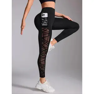 Women's Contrast Mesh Sheer Cut Out Leggings, Casual Comfy Breathable Skinny Pants for Yoga Gym Workout, Ladies Bottoms for All Seasons