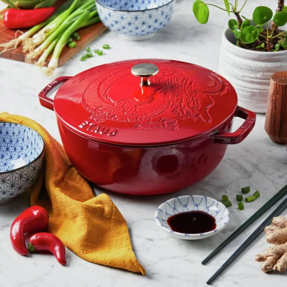 Staub 3.75-Quart Essential French Oven with Dragon Lid - Cherry With Brass Knob