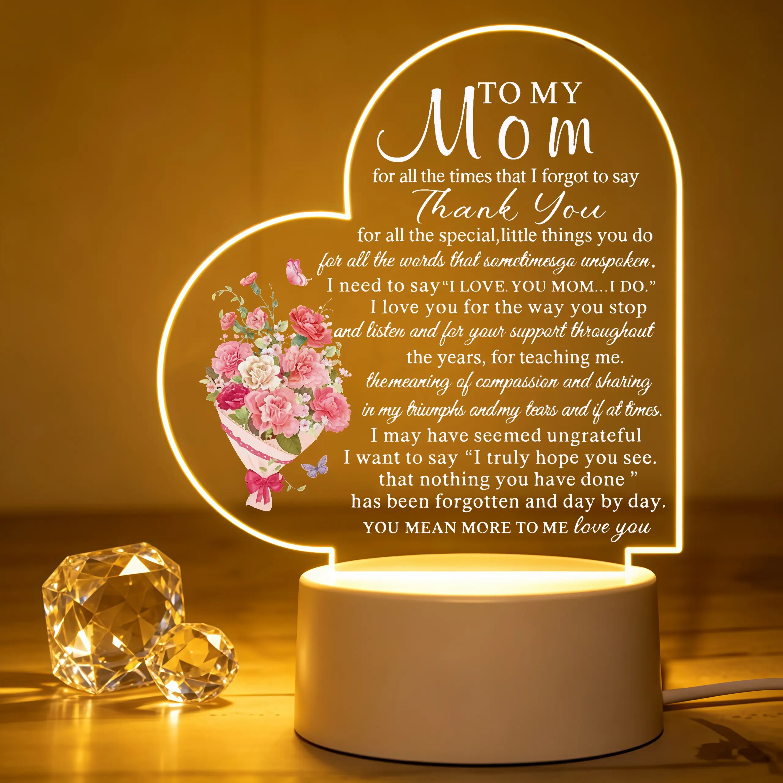 Pink Heart Flower Bouquet Acrylic Night Light - Flower Lamp with Heart Quote, Loving Gift for Mother, Perfect Gift for Mom, Ambient Indoor Home Decor for Mother's Day Birthday