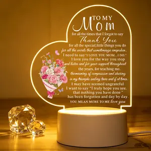 Pink Heart Flower Bouquet Acrylic LED Night Light for Mom with Thank You Quote, Loving Mother's Day Birthday Gift to Light Up Home Decor
