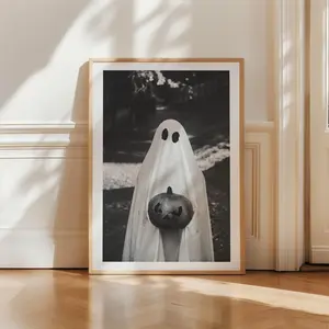 Black & White Ghost Portrait – Trendy Spooky Halloween Wall Art, Minimalist Ghost Print for Modern Halloween Decor, 5 Size, 8x12 to 27x40 inch, Room Decor, Unframed
