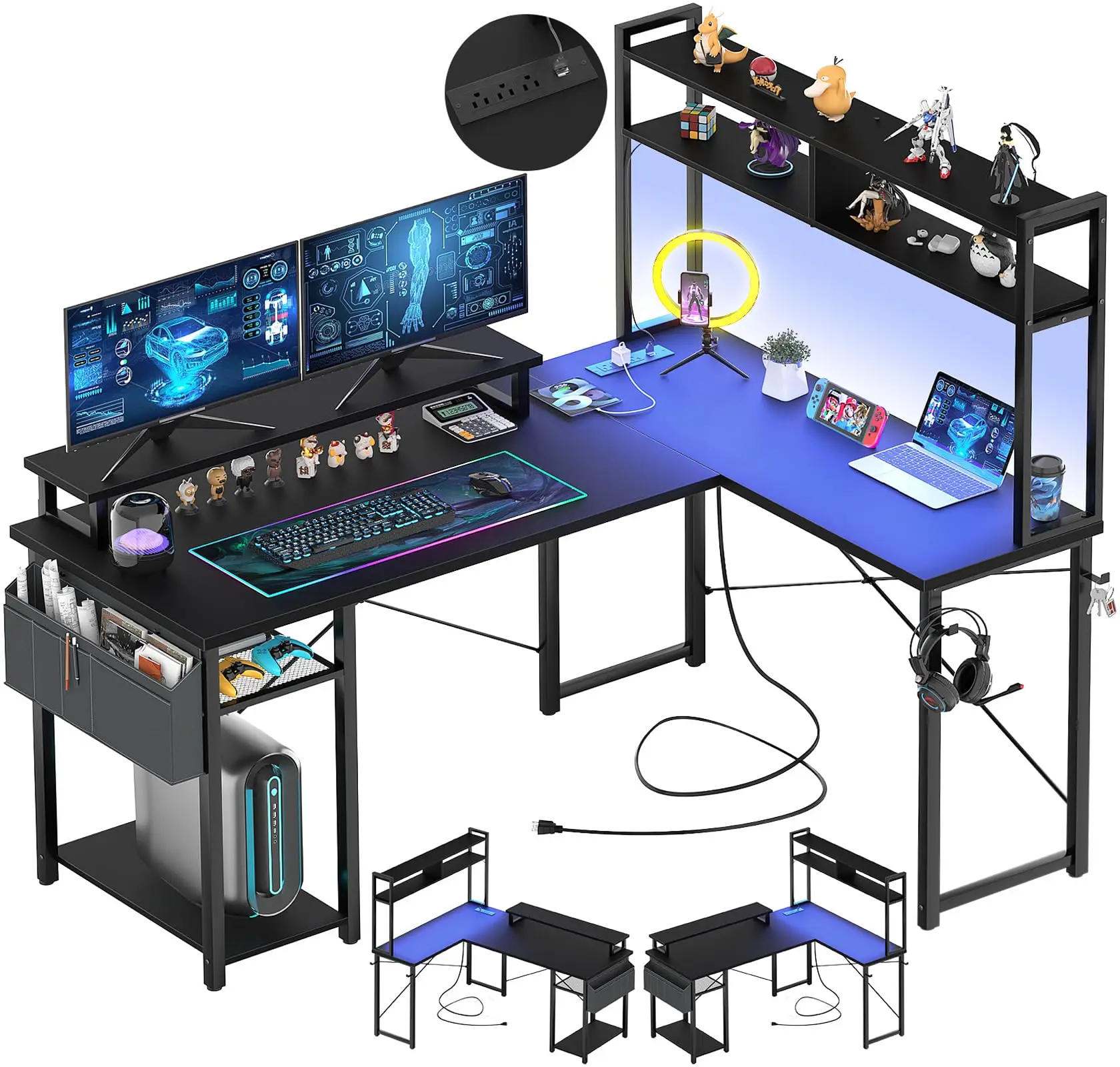 L-Shaped Computer Desk with Hutch, Power Outlets, USB Monitor Stand, Storage Shelf - for Home Office Gaming mesa gamer big desk cyber one pro desk