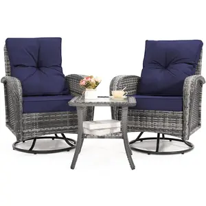 2 Luxury Outdoor Swivel Wicker Glider Patio Chairs with Glass Table Set, Overstuffed Washable Cushions, Ideal for Porch, Balcony, Deck, Grey Rattan and Blue Cushions. wicker  furniture