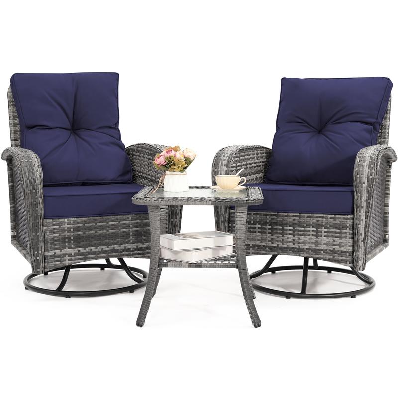 2 Luxury Outdoor Swivel Wicker Glider Patio Chairs with Glass Table Set, Overstuffed Washable Cushions, Ideal for Porch, Balcony, Deck, Grey Rattan and Blue Cushions. wicker  furniture