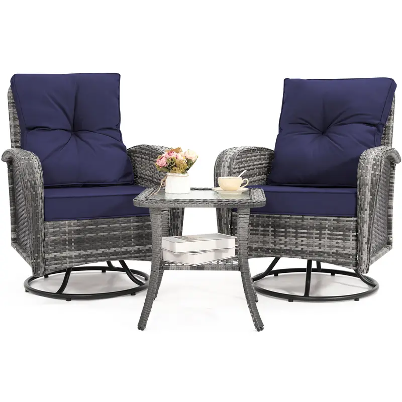 2 Luxury Outdoor Swivel Wicker Glider Patio Chairs with Glass Table Set, Overstuffed Washable Cushions, Ideal for Porch, Balcony, Deck, Grey Rattan and Blue Cushions. wicker  furniture