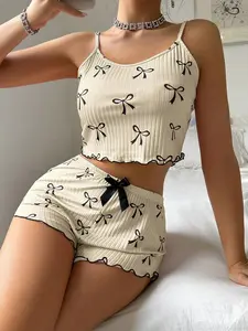 WendyDIY Patterned Sleeveless Shirt Briefs Nightclothes Casual Home Wardrobe Preppy Trend