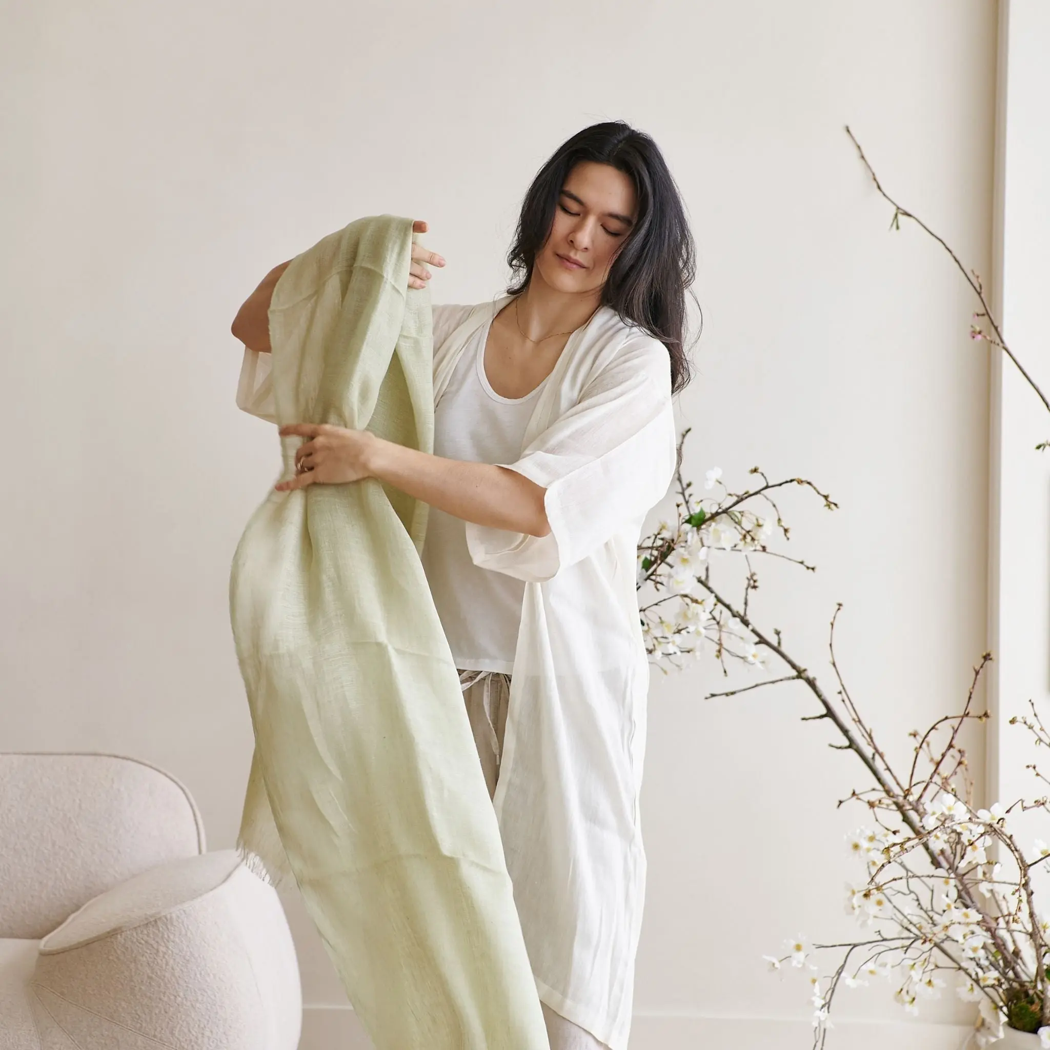 Soya Pastel Lime Green Hand Woven Soft Linen Scarf
