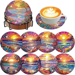 8-Piece Diamond Art Coaster Set with Stand, DIY Beach Pattern Diamond Art Coasters, Diamond Painting Coasters, Suitable for Adults and Beginners, Perfect Gift