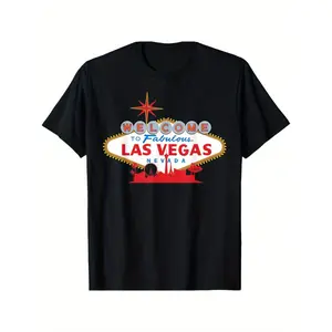 1pc, Las Vegas Pattern T-Shirt, Bold Welcome Sign with Palm Tree Design, Black Bright Colors, Regular Fit Men'S Universal Style for Holidays, Parties And Casual Wear, Comfortable Clothing for All Seasons| Neon Color Design| Classic Round Neck