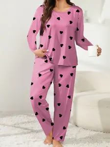 Women's Plus Size All-Season Round Neck Heart Print Long Sleeve Pants Homewear Set, Comfortable Casual Loungewear for Daily Wear