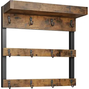 Wall Mounted Rustic Wood Coffee Mug Rack with 12 Hooks and Storage Shelf for Home Kitchen Display and Collection, Rustic Brown