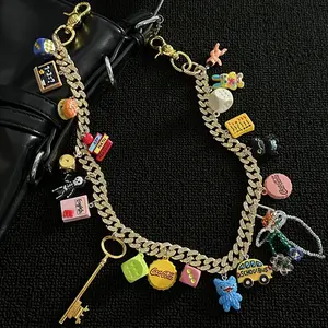 Aienworth Dopamine Series Gold Diamond-Paved Cuban Pant Chain, Multi Cute Charms Bag & Waist Accessory, Celebrity-Style Y2K Streetwear Costume Body Jewelry
