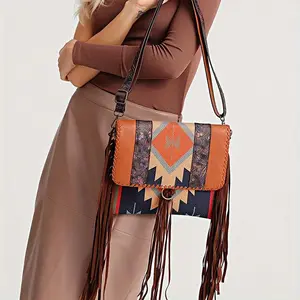 Vintage Bohemian Handwoven Cotton and Linen Shoulder Crossbody Bag with Flowing Tassels for Women