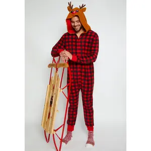 Mens Matching Reindeer Hooded Plaid Onesie Family Pajamas