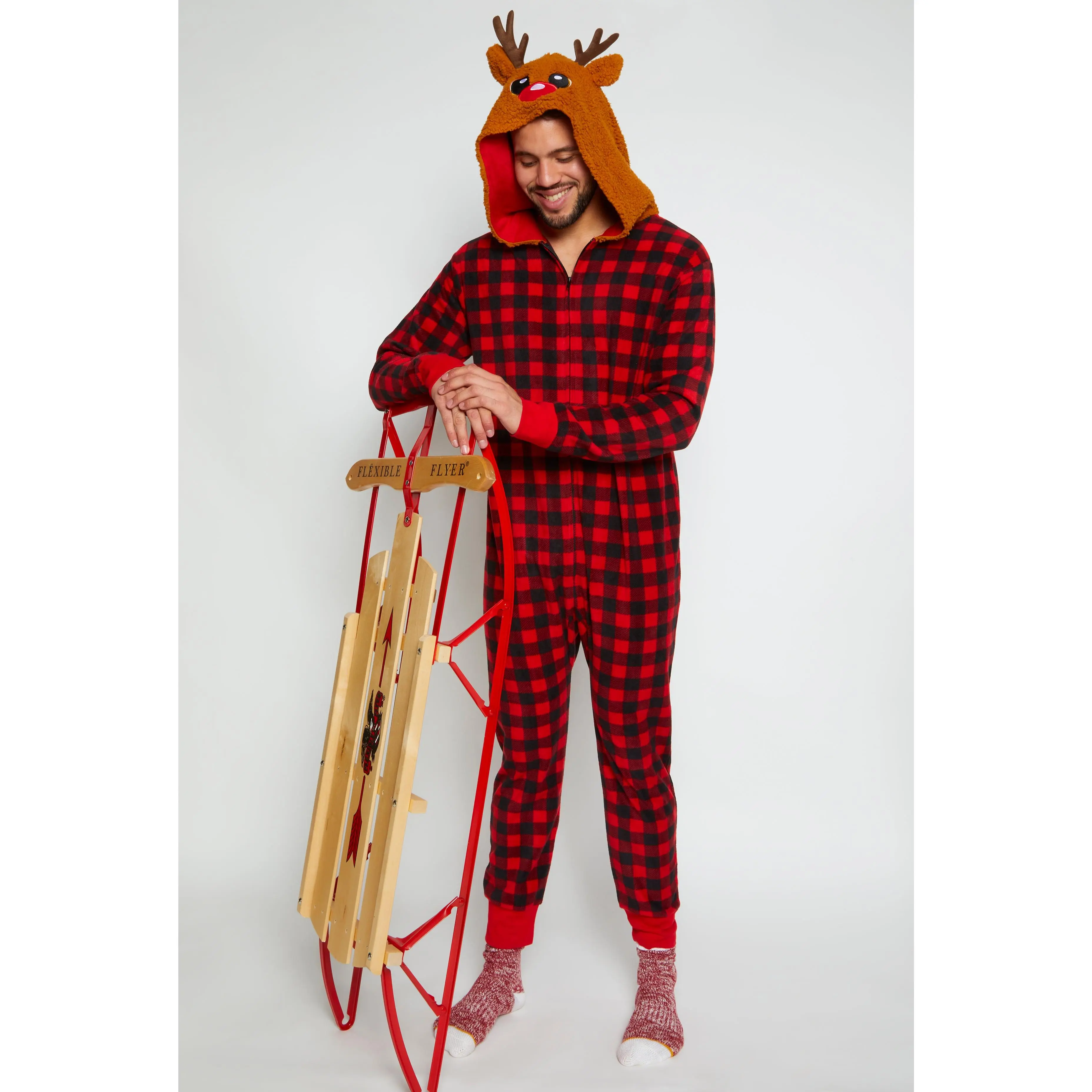 Mens Matching Reindeer Hooded Plaid Onesie Family Pajamas