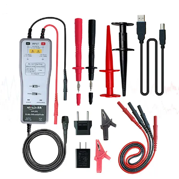 PINTECH High Voltage Differential Active Oscilloscope Probe Kit DP-270 - 2600V, DC-70MHz, 50X/500X Attenuation Rate, 500X: −400Mv, 5mhz, 60hz CMRR: >60hz: >80db