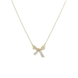 Exquisite Copper Inlaid Zirconia Bow Pendant Necklace for Women Girls Sweet Clavicle Chain Bridal Wedding Jewelry Accessories