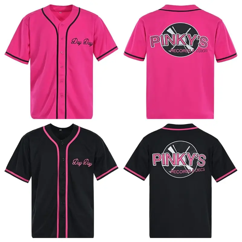 Men's Pink Apparel Jersey - Button-Down Jersey Style Baseball Athletic Top, Next Friday Pinky's Record Movie Shirt, 90s Hip Hop Polyester, Embroidered Logo, Double Stitching