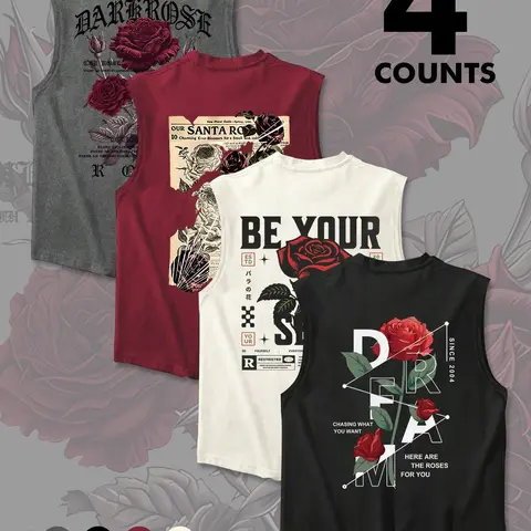 Men's Rose & Letter Print, Breathable Sleeveless Tops, Regular Fit Casual Sporty Top for Summer, Men's Top for Daily Wear, Breathable Sleeveless Vest, Casual Sleeveless Clothes