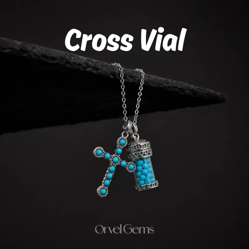 Turquoise Cross Crystal Bottle Necklace – Mini Gemstone Vial Pendant with Cross Charm, Faith Jewelry Gift for Women
