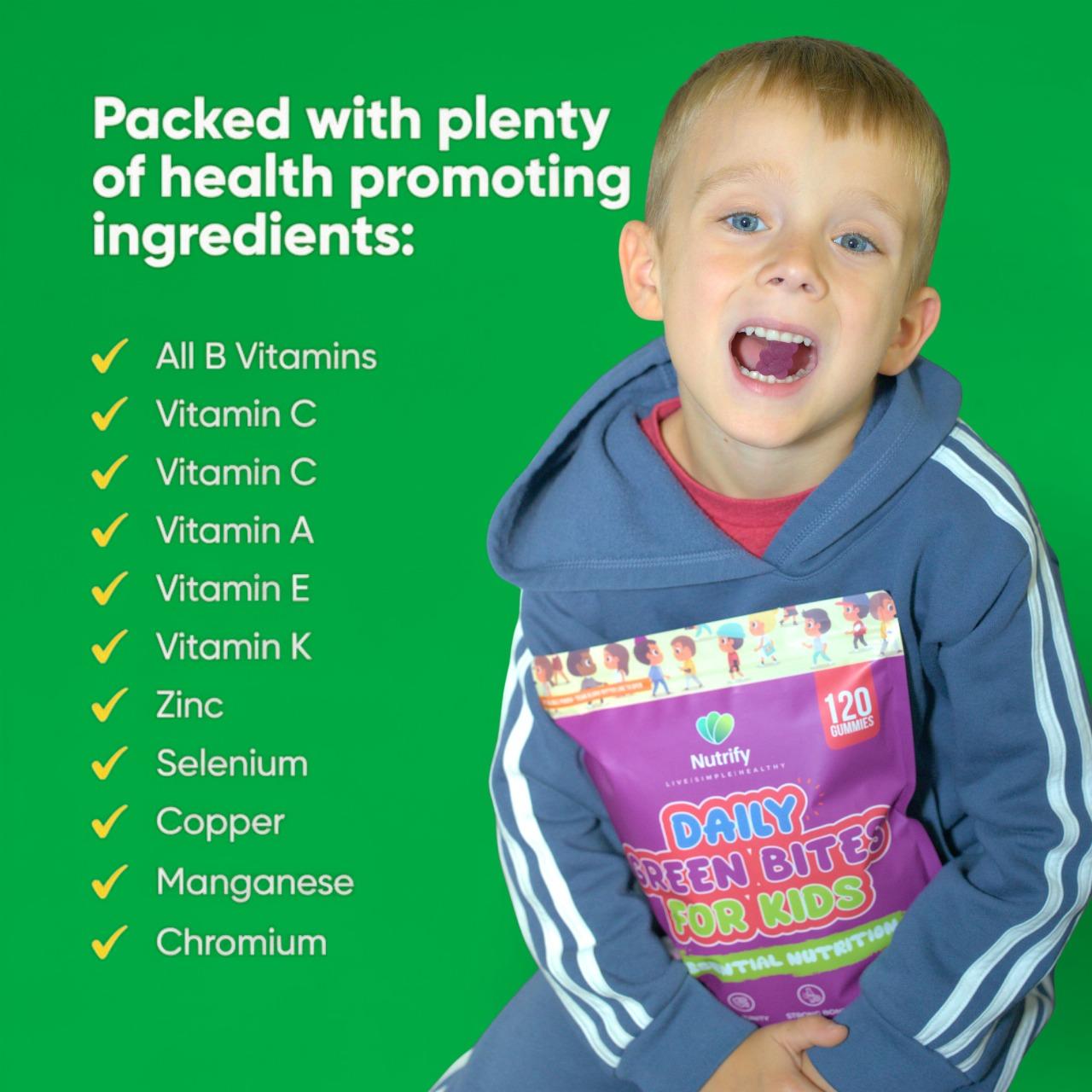Nutrify-Daily Green Bites and Gummies For Kids with Spirulina, Chlorella, Prebiotics for Digestive Health-Adaptogens Supplement with Vitamins & Mineral, Zero Sugar 120 Gummies