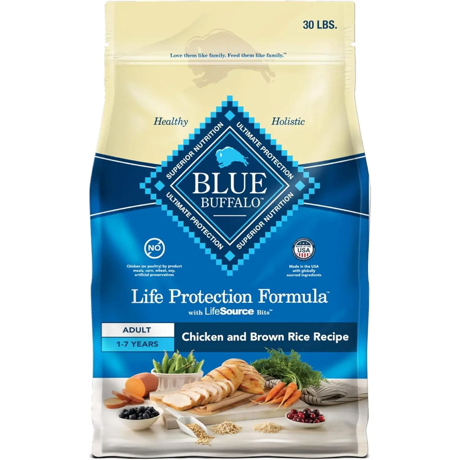Blue Buffalo Life Protection Formula Adult Dry Dog Food - Chicken & Brown Rice Recipe, 30-lb/4.57-lb Bags, Real Meat High-Quality Protein, Fruit Infused, Fur & Skin Care, Joint Care, Strong Muscles, Natural Ingredients, No Artificial Preservatives, Cranbe
