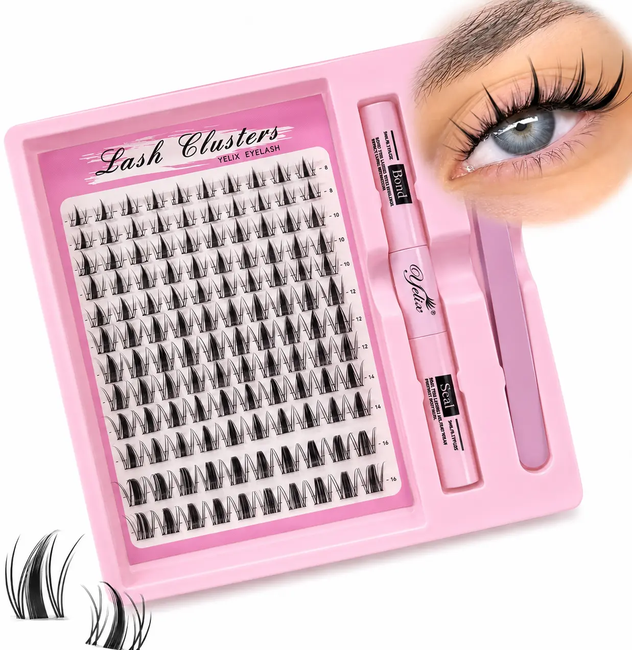 D Curl Voluminous Lash Clusters Starter Kit, DIY Anime Manga Wispy Fairy (8-16mm Mix) Mega Value Pack with Glue and Tweezer for Eyelash Extension Beginners, Eyelashes Extensions, Makeup, Lash Cluster Kits