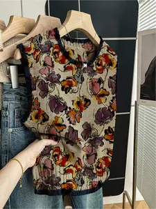 1pc Women's Spring/Summer Back-to-School Loose Crew Neck Sleeveless Knit Top - Dark Blue Trim,Color-Block Withered Floral Print, Vest-Layerable