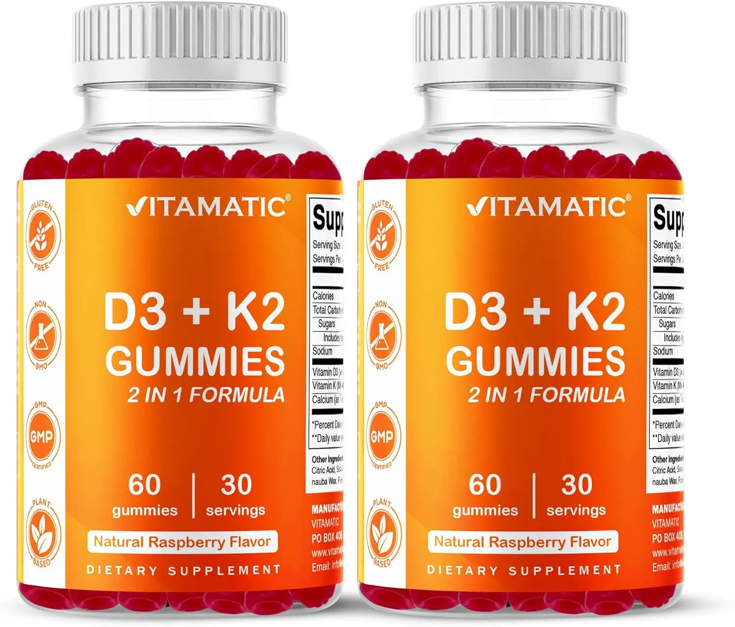 HOT !!! Vitamatic Vitamin D3 & K2 Gummies (2-Pack, 60 Count) Supports Healthy Bones, Heart Health, Calcium Absorption, and Immune Function Plant-Based, Non-GMO, Gluten-Free