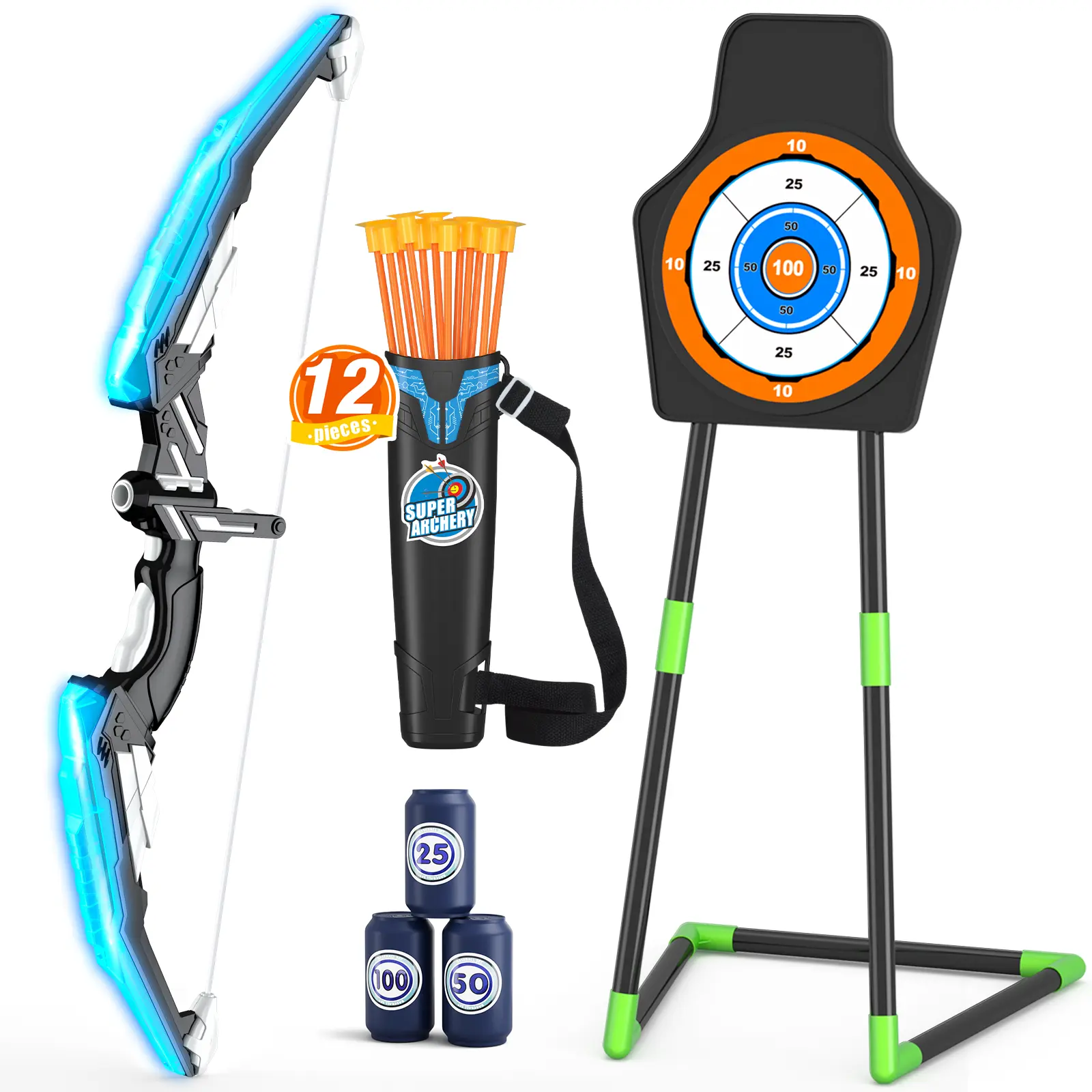 Bow and Arrow for Kids, LED Light Up Archery Set with 12 Suction Cup Arrows, 1 Standing Target, 3 Score Targets & 1 Quiver, Indoor Outdoor Sport Gifts for Boys Girls Ages 4-12, Blue, kids outdoor play Easter Gifts campingessentials