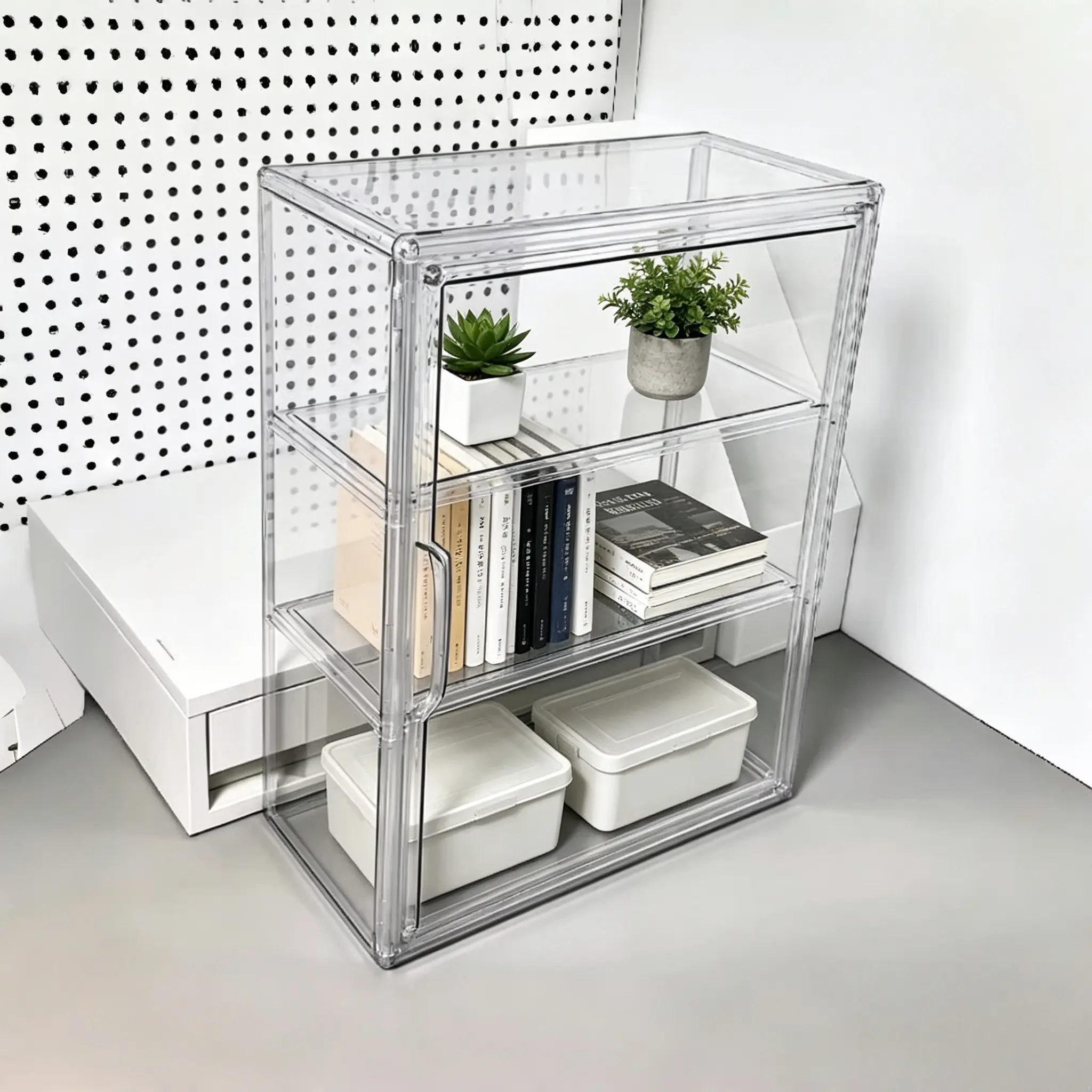 Three-Tier Transparent Display Cabinet, Magnetic Door, High-Strength Acrylic, Space-Saving Organizer, Modern Style, Holiday Decor, Clear Cabinet Storage