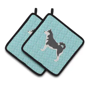 212 MAIN Thick Fabric Colorful Hanging Polyester Siberian Husky Checkerboard Blue Pair of Pot Holders, Kitchen Pot Holders