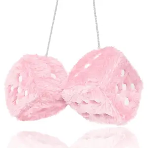 Fuzzy Plush Dice for Car Mirror, Pair of Retro 3" Light Pink Dice with White Dots for Car Interior Hanging Ornament Decoration