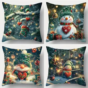 4pcs, Christmas, New Warm Love Snowy Forest Art Cute Christmas Tree, Decoration, Dwarf, Snowman Pattern Pillowcase, Waist, Room Decoration, Office Decoration, Living Room Decoration, Sofa Decoration, Single-sided printing, No pillow core