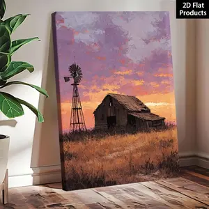 2D Flat Abandoned Wooden Barn and Windmill Silhouette| Perfect for Wall Decor Art, Room Decoration, Living Room, Winter Spring, Bathroom, Valentine'S Day, Universal Holidays, Reusable Wrapped Canvas Painting Poster	