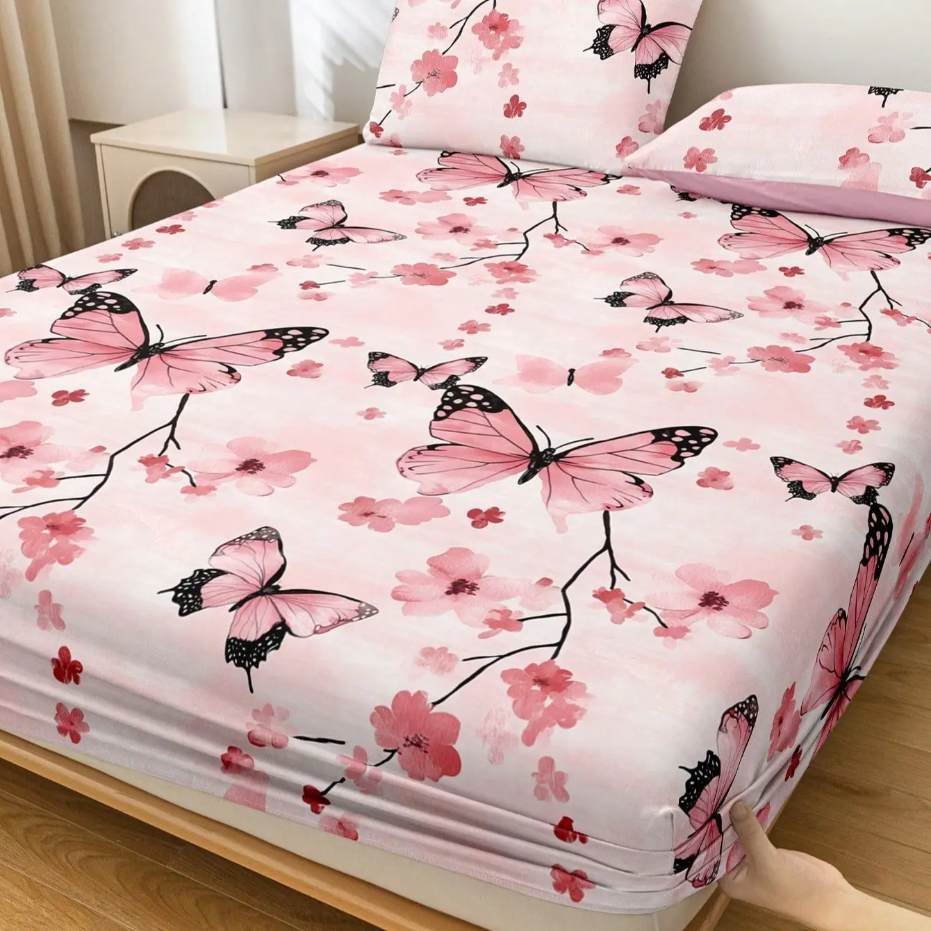 3-Piece Bed Sheet Set, Butterfly Flower Pattern, Mattress Protector, Decorative Bedsheet Sets, Butterfly Bedding Set, Comfortable Home Textiles, Breathable Anti-Pilling, Bedsheets Set, All Size Beds