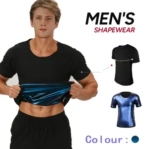 Men's Sauna Tops for Workout Sweat T-Shirt Gym Exercise Waist Trainer Body Shaper Fitness Shapewear Belly Tummy Control Short Sleeve Shirt in Blue Size M L XL 2XL